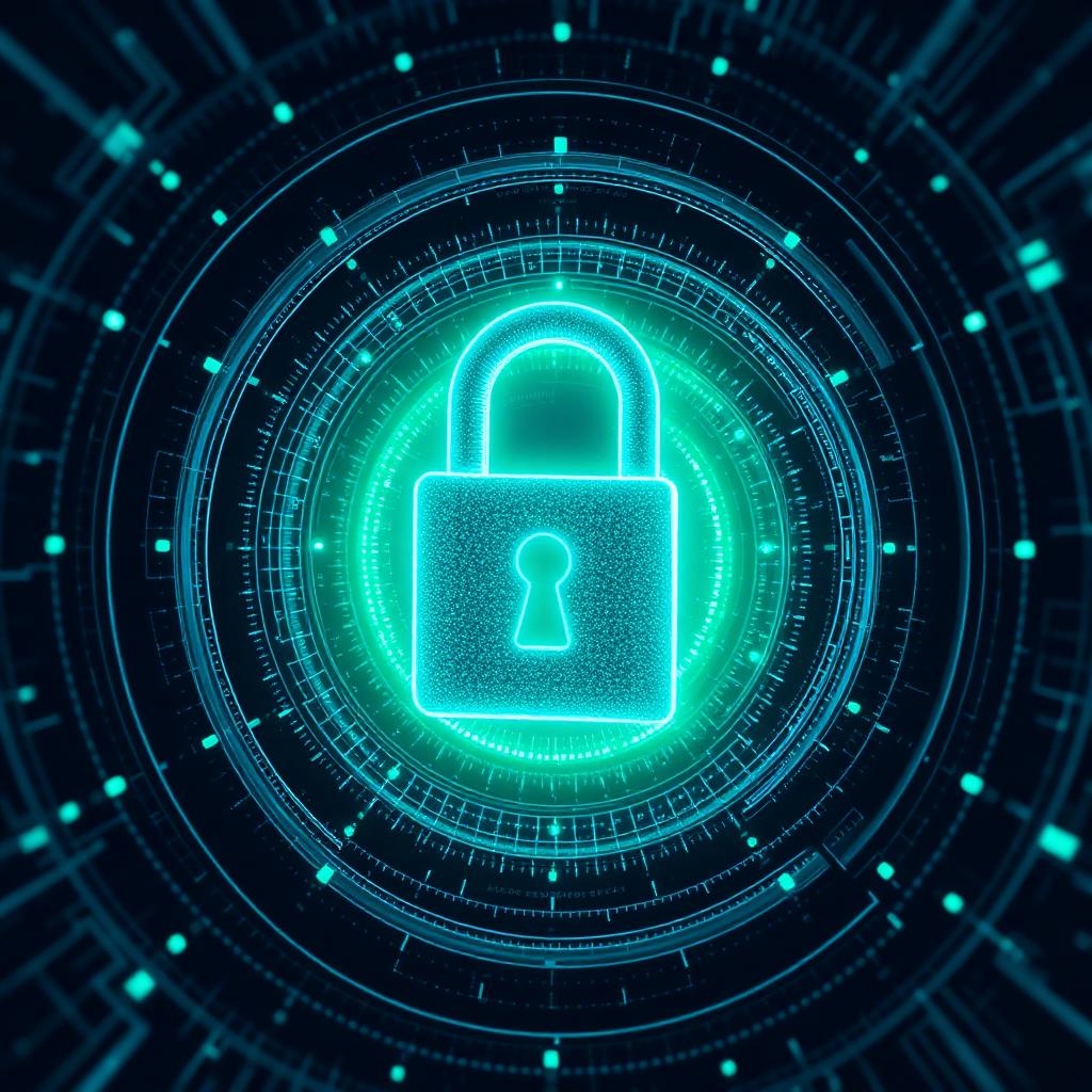 Glowing digital padlock surrounded by data rings